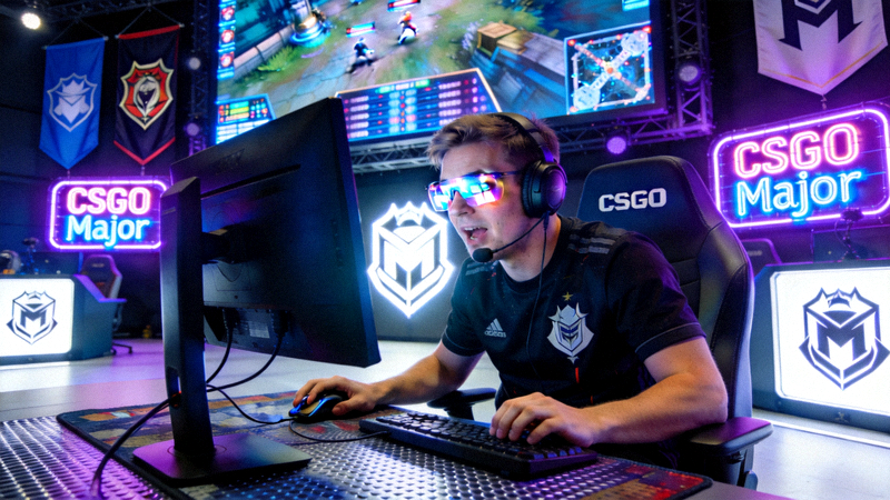 CSGO Major锦标赛舞台上职业选手专注比赛的场景