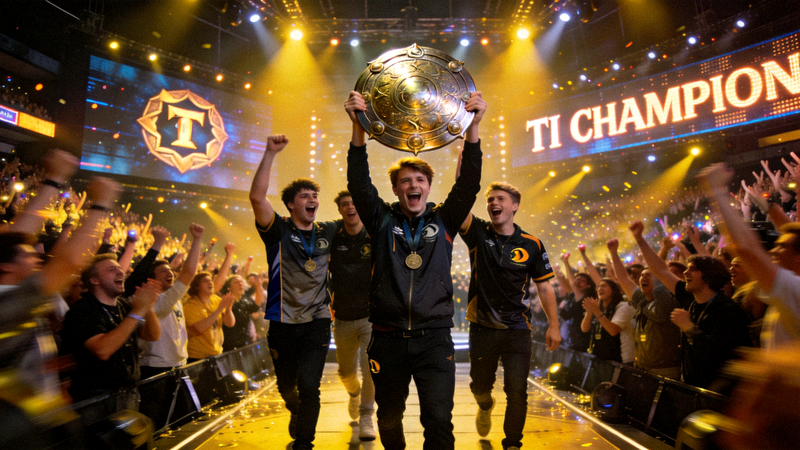 DOTA2国际邀请赛TI现场盛况与冠军队伍捧起神盾的瞬间